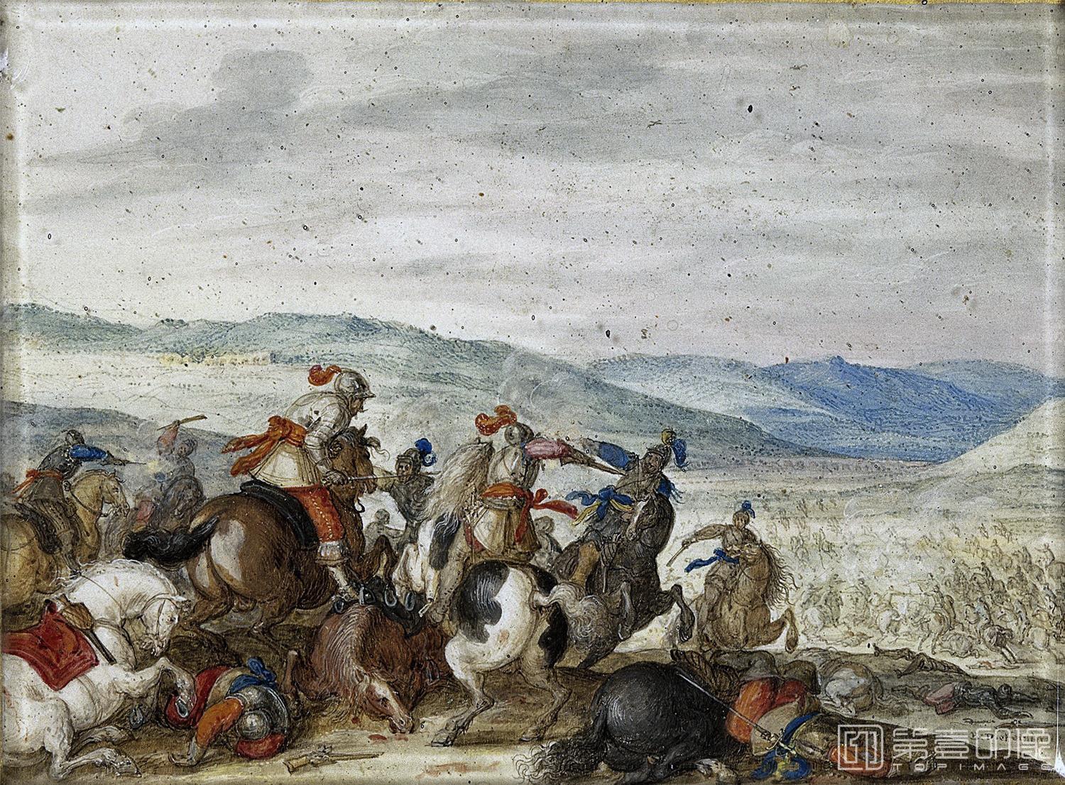 油画-荷兰阿姆斯特丹国家美术馆-Dietterlin Bartholomäus Ruitergevecht in bergachtig landschap 1636-1640-0394